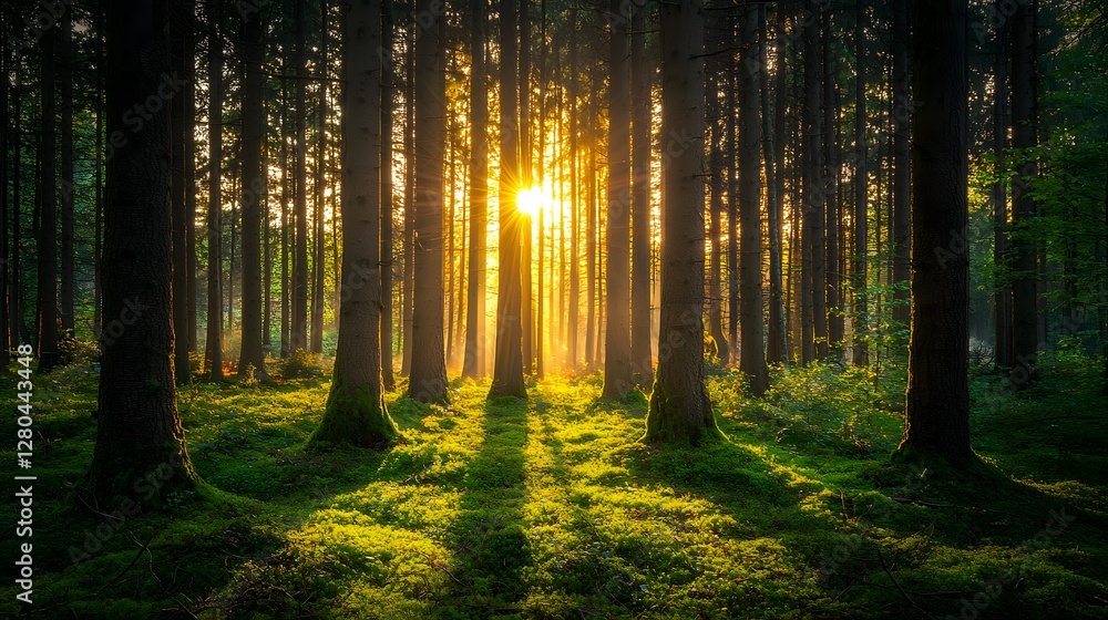 Fototapeta premium Enchanting Sunlit Forest Landscape at Serene Sunrise or Sunset Bright golden sunbeams shining through the lush green foliage of a peaceful tranquil woodland scene