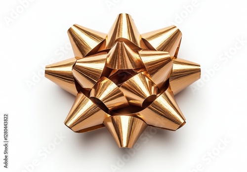 Shiny Decorative Gift Bow in Golden Color with Unique Petals Arranged in a Star Shape on a White Background for Holiday or Celebration Themes