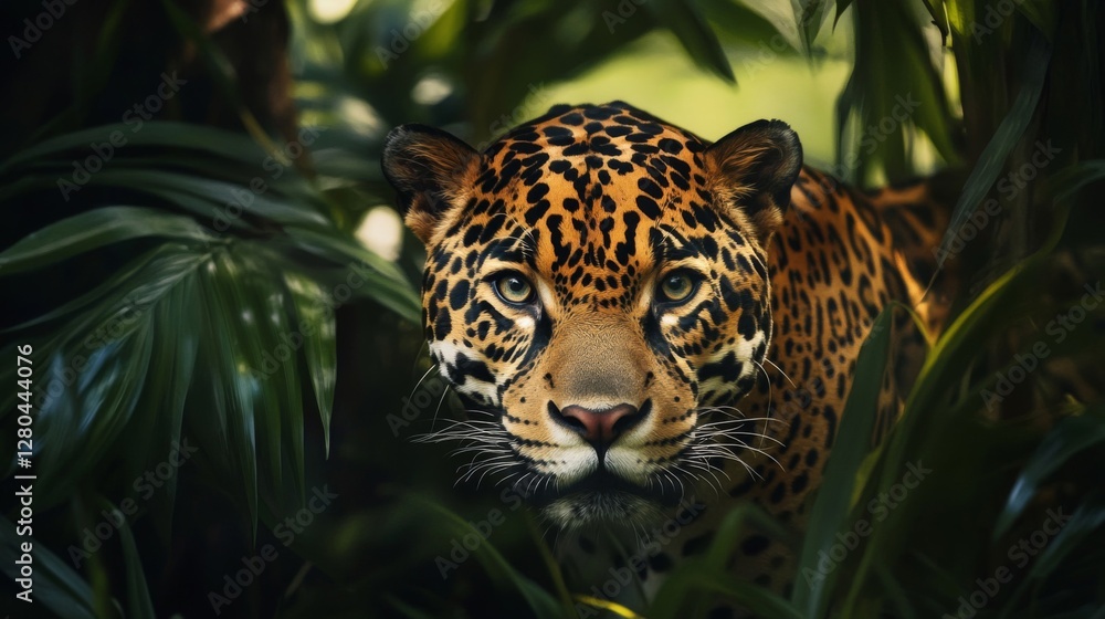 Obraz premium Close Up Portrait of a Jaguar in Lush Tropical Foliage