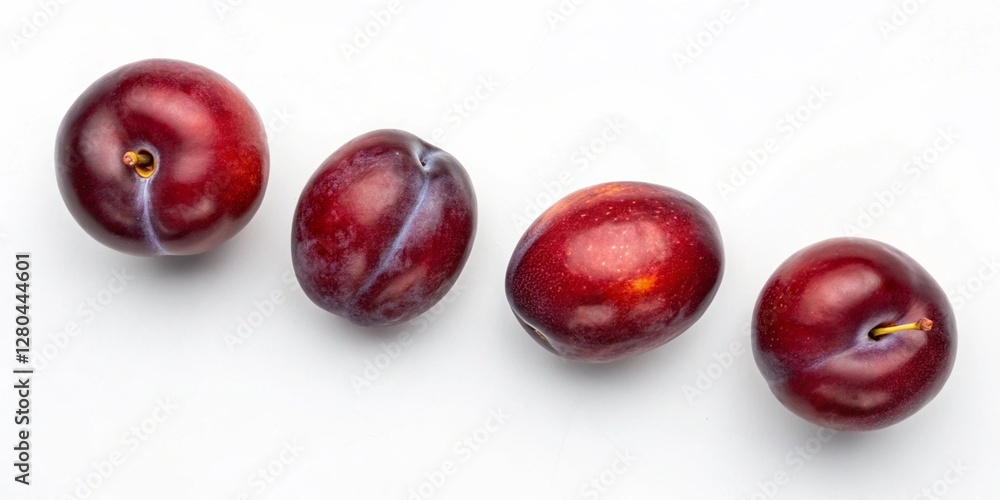 A group of four plums displayed artistically, showcasing their rich colors and natural beauty. A group of four plums displayed artistically, showcasing their rich colors and natural beauty.