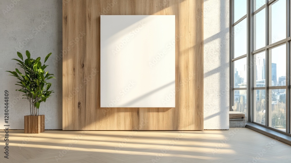 Fototapeta premium Modern minimalist room with blank canvas and plant