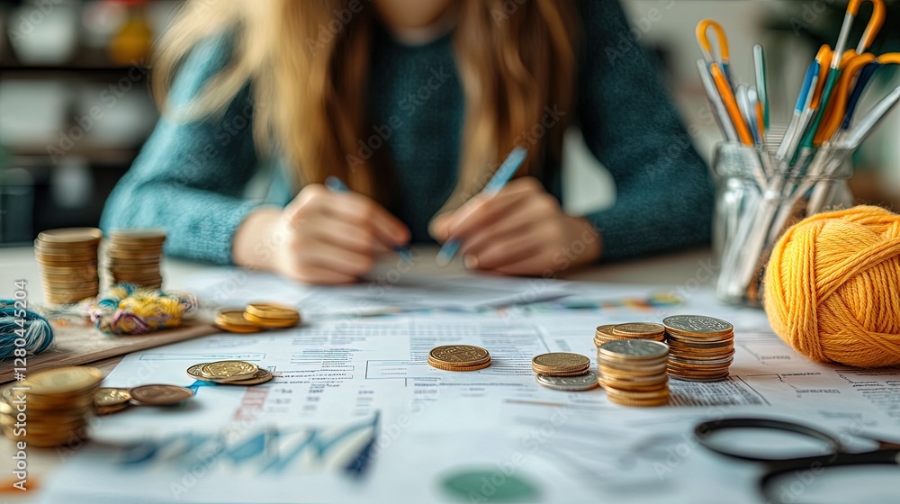 Budgeting hobbyist with financial papers, coins, and craft materials like yarn and scissors on a clean table Budgeting hobbyist with financial papers, coins, and craft materials like yarn and scissors on a clean table