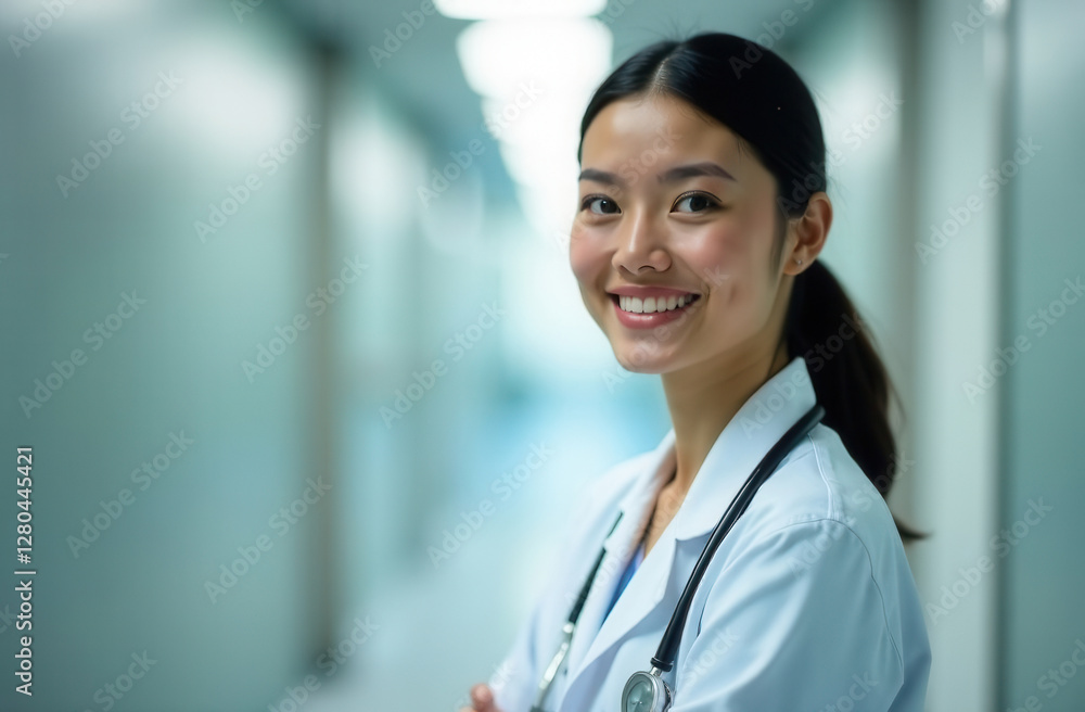 Female young doctor in white professional clothes standing looking at camera in corridor with stethoscope Female young doctor in white professional clothes standing looking at camera in corridor with stethoscope