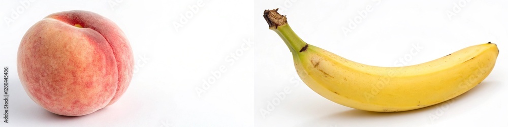 A juicy peach next to a ripe banana, highlighting their vibrant colors. A juicy peach next to a ripe banana, highlighting their vibrant colors.
