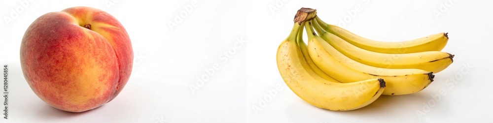 A peach and a bunch of bananas displayed together on a white surface. A peach and a bunch of bananas displayed together on a white surface.
