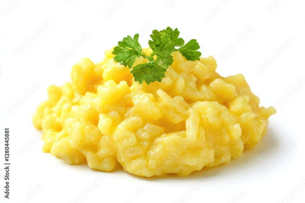 Creamy Risotto Dish with Fresh Parsley Garnish on White Background