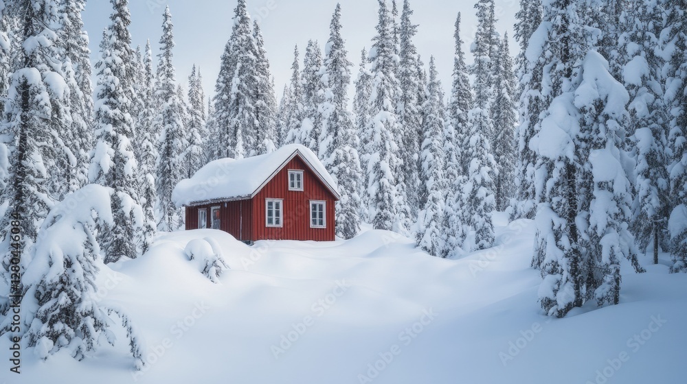 A lone cabin deep in the Arctic taiga, surrounded by tall pines covered in thick layers of snow. A lone cabin deep in the Arctic taiga, surrounded by tall pines covered in thick layers of snow.