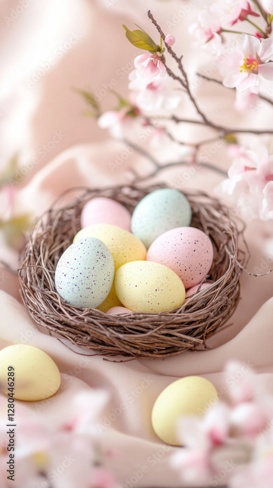 Easter pastel speckled eggs in nest with spring flowers on beige fabric Easter pastel speckled eggs in nest with spring flowers on beige fabric