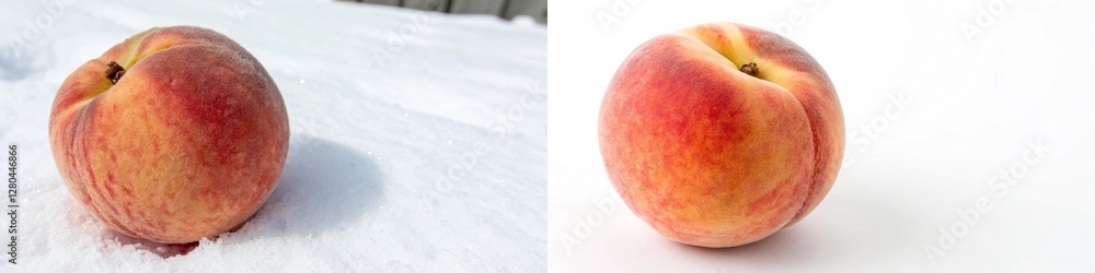 A peach resting on snow, contrasting its vibrant color against the winter backdrop. A peach resting on snow, contrasting its vibrant color against the winter backdrop.
