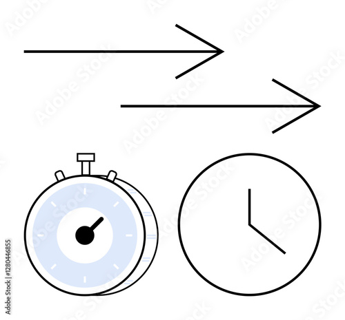 Stopwatch, wall clock, and two arrows conveying speed, efficiency, and progress. Ideal for productivity, deadlines, scheduling, time tracking goal setting efficiency strategies abstract line flat