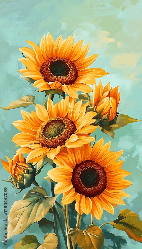 Obraz premium Painted sunflowers bouquet, teal backdrop, summer scene