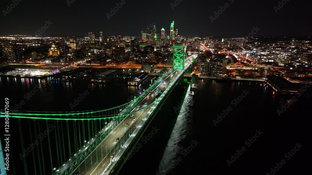 Cable Bridge At Philadelphia Pennsylvania United States. Stunning Landscape Of Highway Road Viewed From Above. Night Avenue Downtown Cityscape. Night Outside Downtown. Philadelphia Pennsylvania. Cable Bridge At Philadelphia Pennsylvania United States. Stunning Landscape Of Highway Road Viewed From Above. Night Avenue Downtown Cityscape. Night Outside Downtown. Philadelphia Pennsylvania.