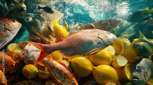 Underwater scene with various fish swimming among vibrant lemons in a colorful environment photo