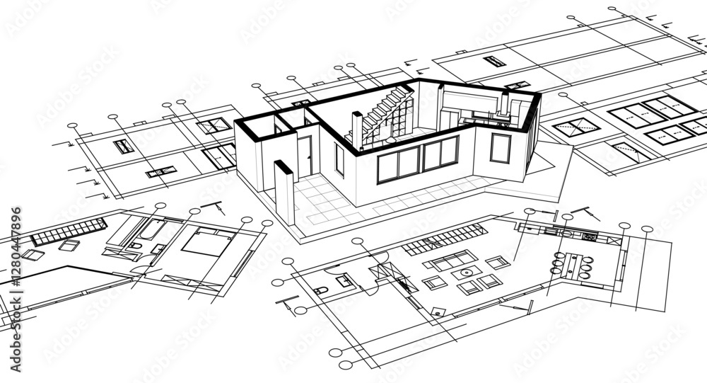 architecture sketch of a residential building 3d architecture sketch of a residential building 3d