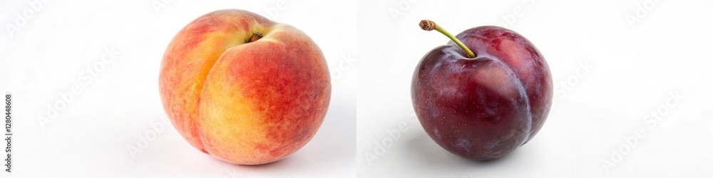 A ripe peach next to a dark plum, highlighting their contrasting colors and textures on a white background. A ripe peach next to a dark plum, highlighting their contrasting colors and textures on a white background.
