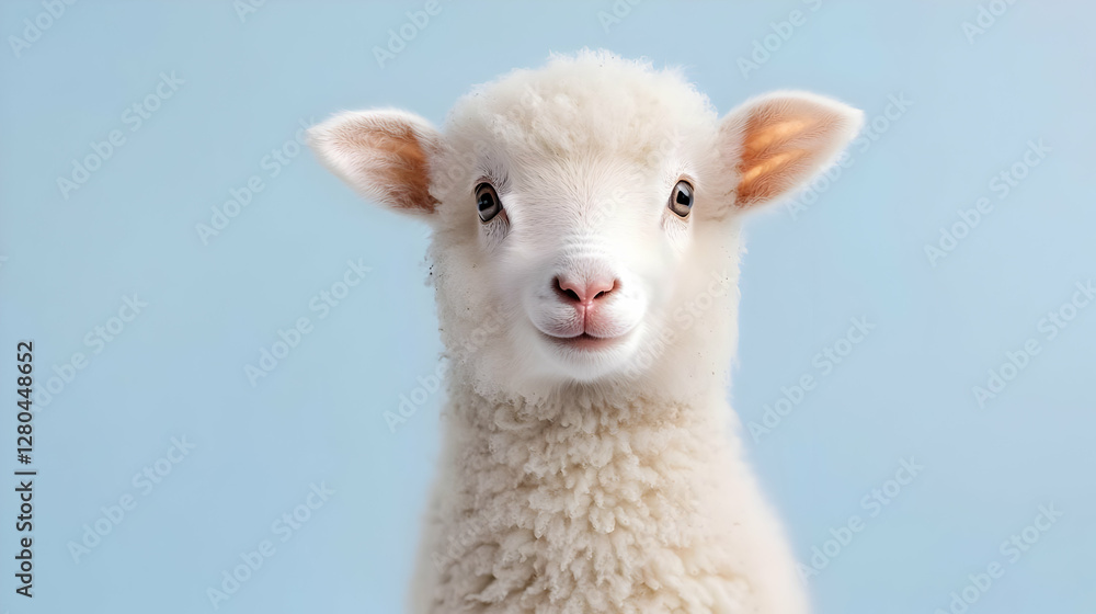 Fototapeta premium Cute lamb portrait, light blue background