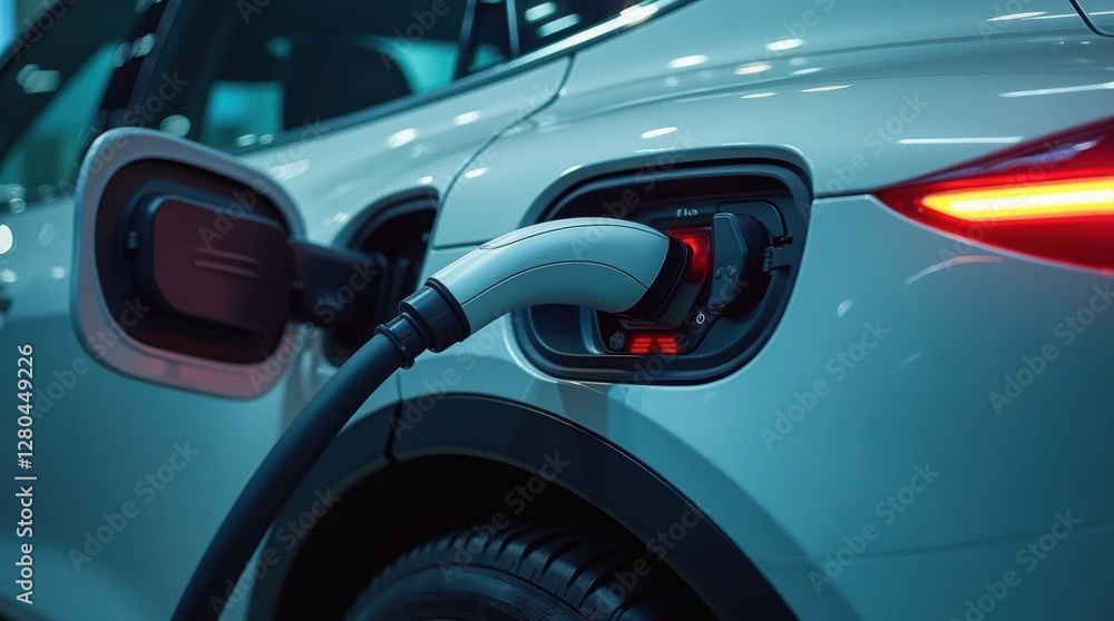 Naklejka premium Modern Electric Car Charging at a Sleek Charging Station