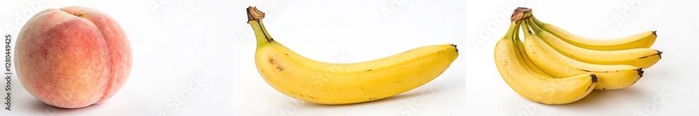 A single peach and a bunch of bananas highlight fresh, vibrant fruit choices. A single peach and a bunch of bananas highlight fresh, vibrant fruit choices.