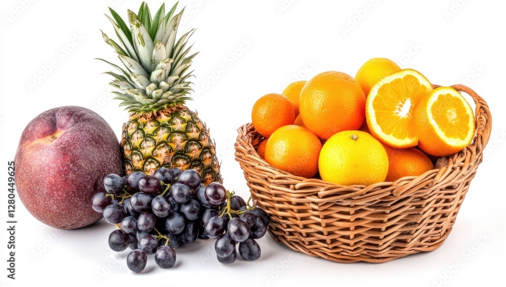 Fresh fruits in wicker basket on white background Fresh fruits in wicker basket on white background