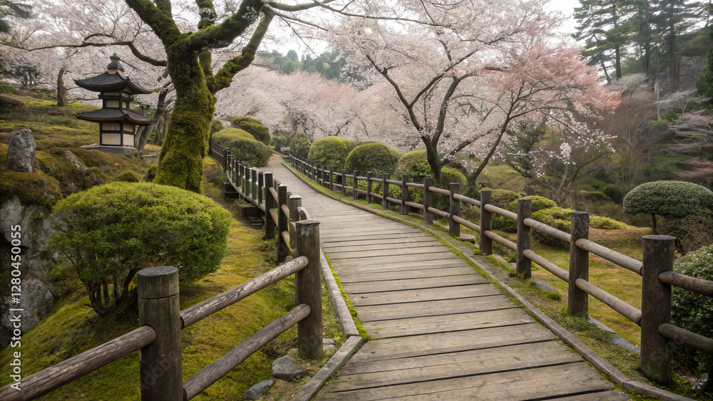 Wooden boardwalk meandering through a Japanese garden Wooden boardwalk meandering through a Japanese garden