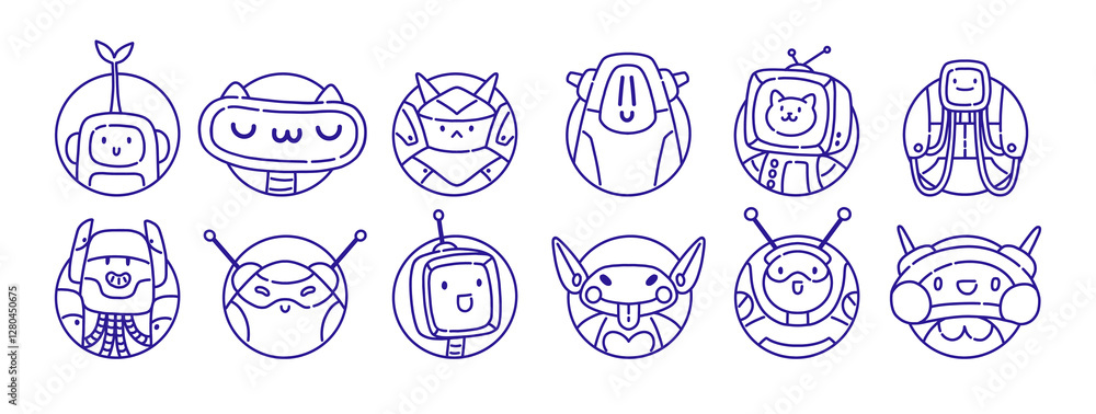 Fototapeta premium Round contour avatars of cute robots set. Circle portraits of funny AI characters. Lineart faces of cyborgs, humanoid machines for profile. Outline isolated vector illustrations on white background