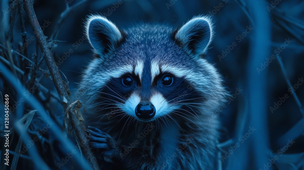 Raccoon Portrait in Dark Blue Forest at Night Raccoon Portrait in Dark Blue Forest at Night