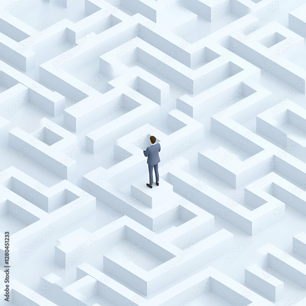 Businessman Navigating White Maze in Abstract Conceptual Environment Businessman Navigating White Maze in Abstract Conceptual Environment