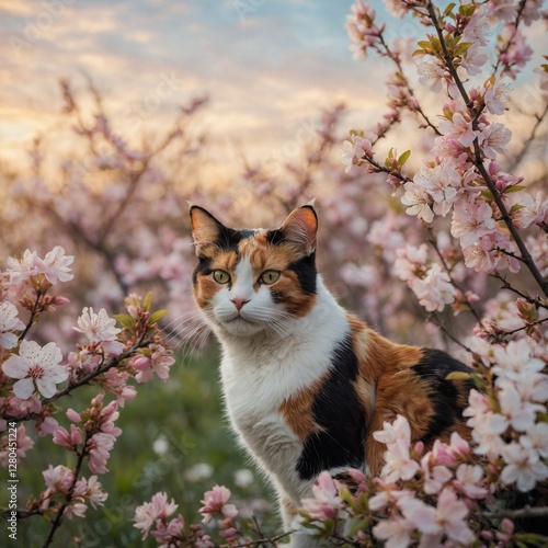 A vibrant calico cat surrounded by spring blossoms in full bloom, set against a dreamy, pastel-toned sky. behind.