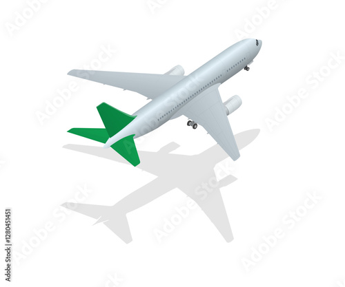 Isometric white airplane with green tail fins, casting a shadow on a white background.