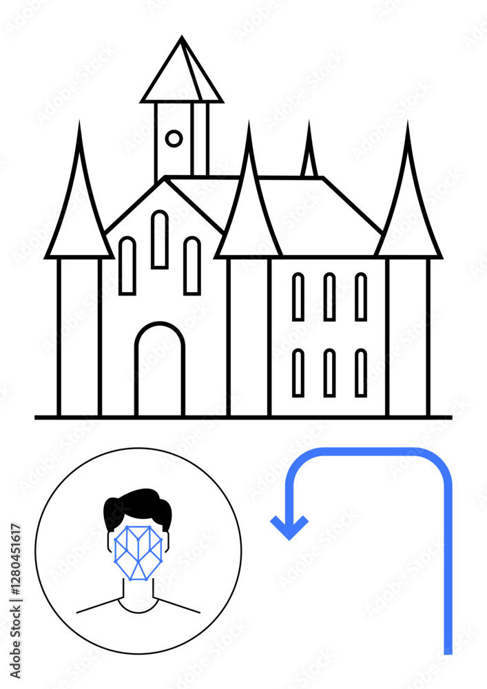 Abstract castle design with sleek facial recognition face scan symbol and arrow. Ideal for technology, heritage, security, AI, data use, futuristic concepts, abstract line flat metaphor Abstract castle design with sleek facial recognition face scan symbol and arrow. Ideal for technology, heritage, security, AI, data use, futuristic concepts, abstract line flat metaphor