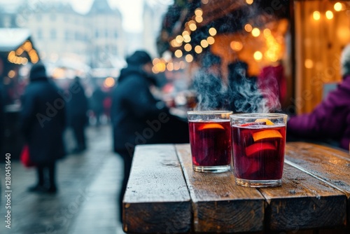 Alcohol consumption at a bustling market stall with mulled wine. Featuring seasonal warmth