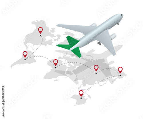 Isometric airplane flying over a world map with dotted route and destination pins stock illustration