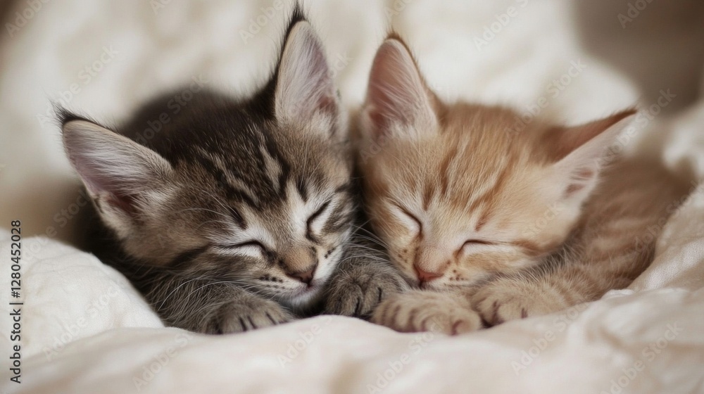 Two Kittens Sleeping Together on a Soft White Blanket Two Kittens Sleeping Together on a Soft White Blanket