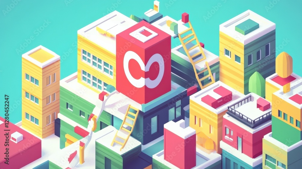 Colorful 3D cityscape with abstract buildings, ladders, and geometric shapes in a vibrant setting Colorful 3D cityscape with abstract buildings, ladders, and geometric shapes in a vibrant setting