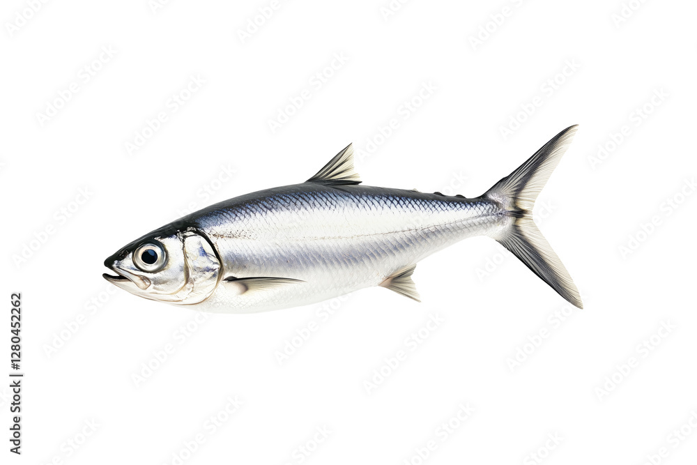 Fresh sardine fish with detailed scales and fins isolated on white transparent background, symbolizing canned seafood Fresh sardine fish with detailed scales and fins isolated on white transparent background, symbolizing canned seafood