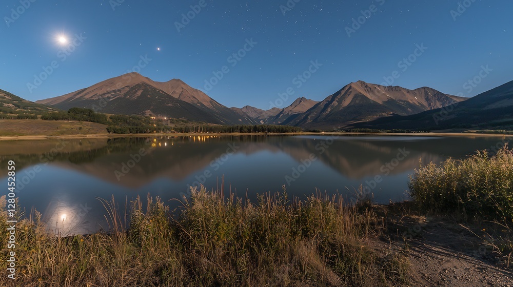 Moonlit Reflections, A serene alpine lake reflecting the starry night sky Moonlit Reflections, A serene alpine lake reflecting the starry night sky