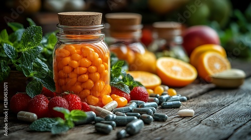 Healthy Vitamins & Fruits on Wooden Table