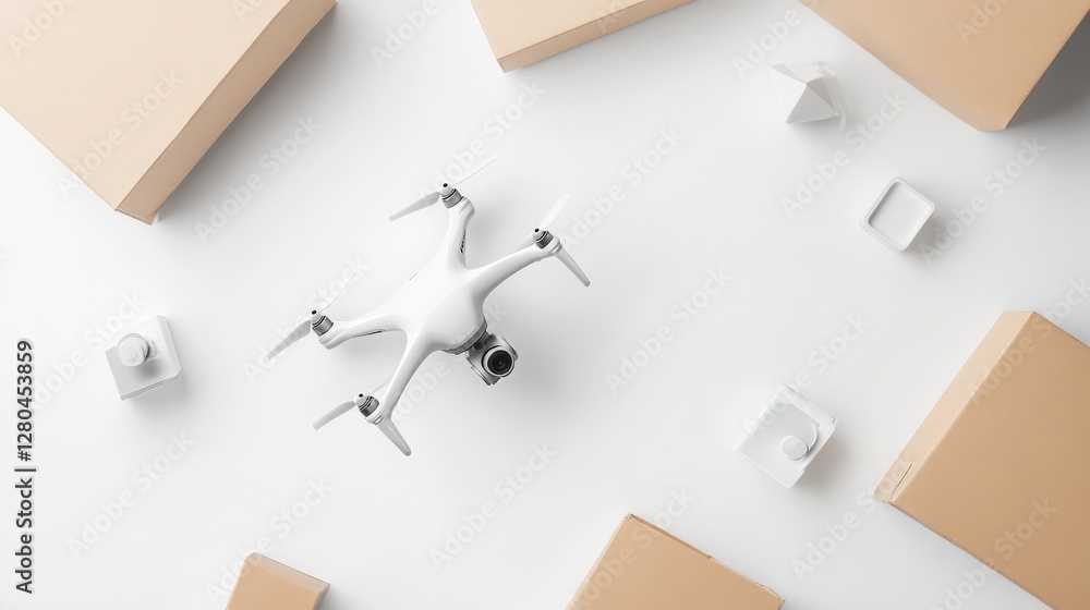 Fototapeta premium Aerial view of a white drone surrounded by various packaging materials on a clean surface