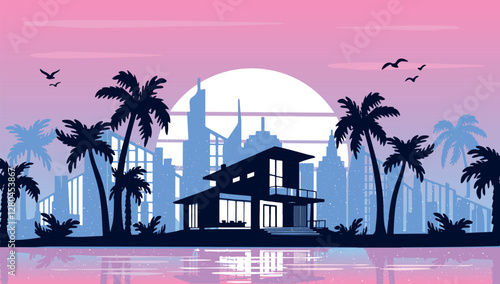 silhouette of skyscrapers on the ocean shore vector. house by the ocean vector silhouette against a pink sunset background/ city ​​landscape with palm trees vector