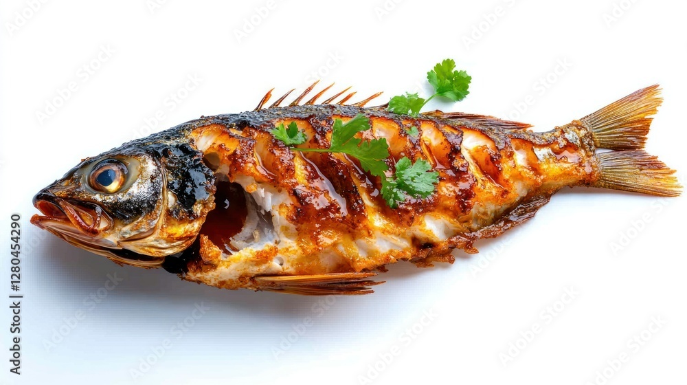 A single, detailed Thai deep-fried fish with fish sauce, on a pure white background, highlighting its crispy skin with professional studio lighting A single, detailed Thai deep-fried fish with fish sauce, on a pure white background, highlighting its crispy skin with professional studio lighting