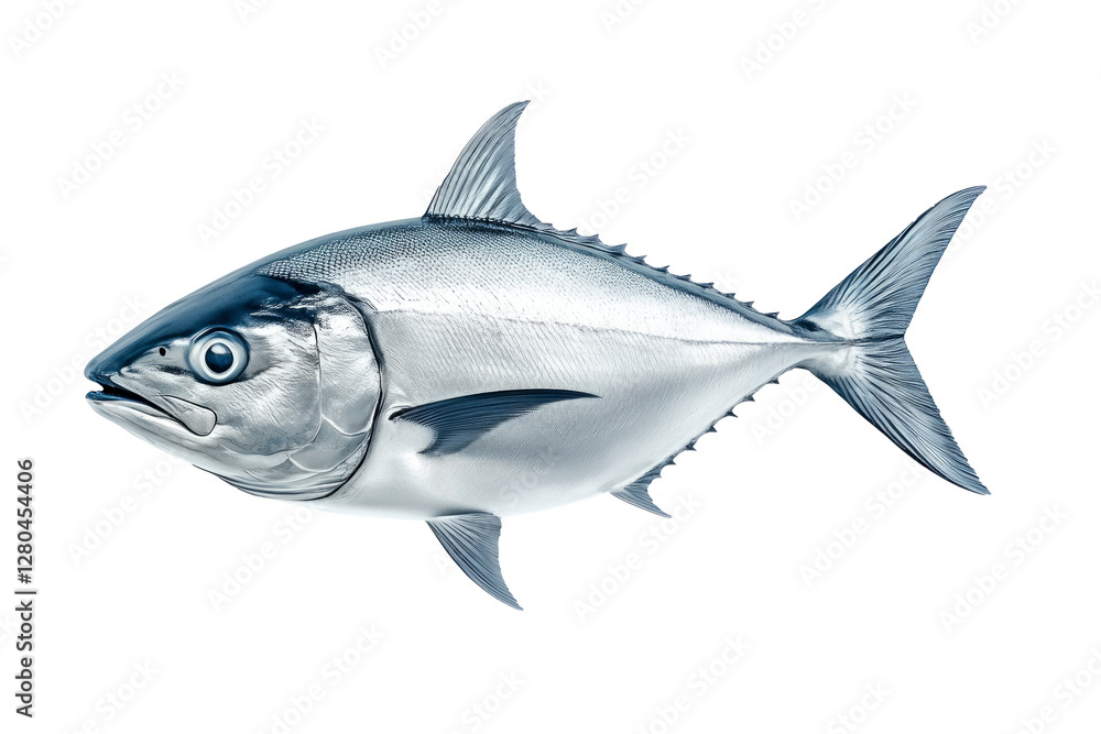 Closeup of a silver tuna fish with smooth scales, sharp fins and a sleek body isolated on white transparent background.