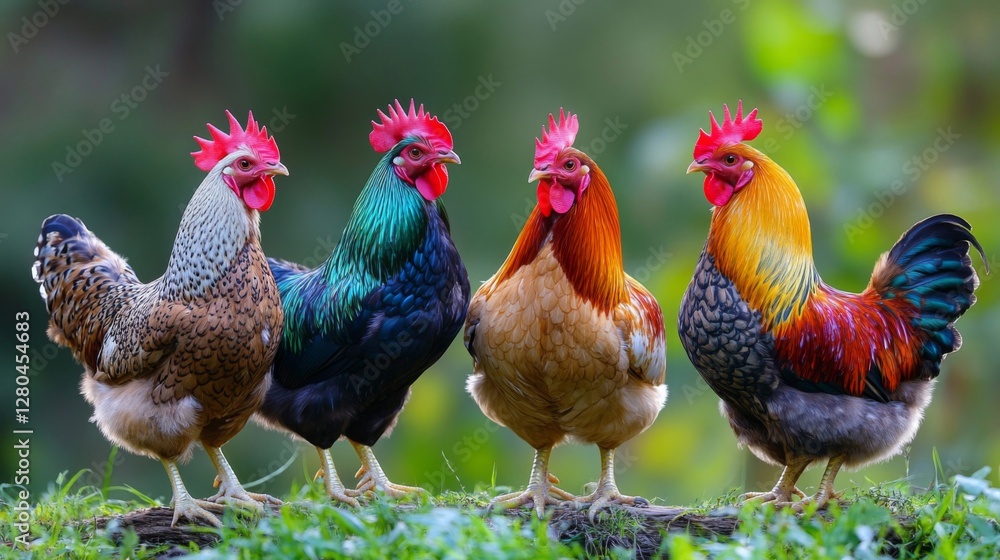Fototapeta premium Four Colorful Roosters in a Row Outdoors