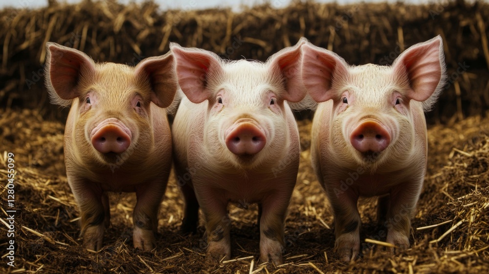 Three Pink Piglets on a Hay Filled Farm Three Pink Piglets on a Hay Filled Farm