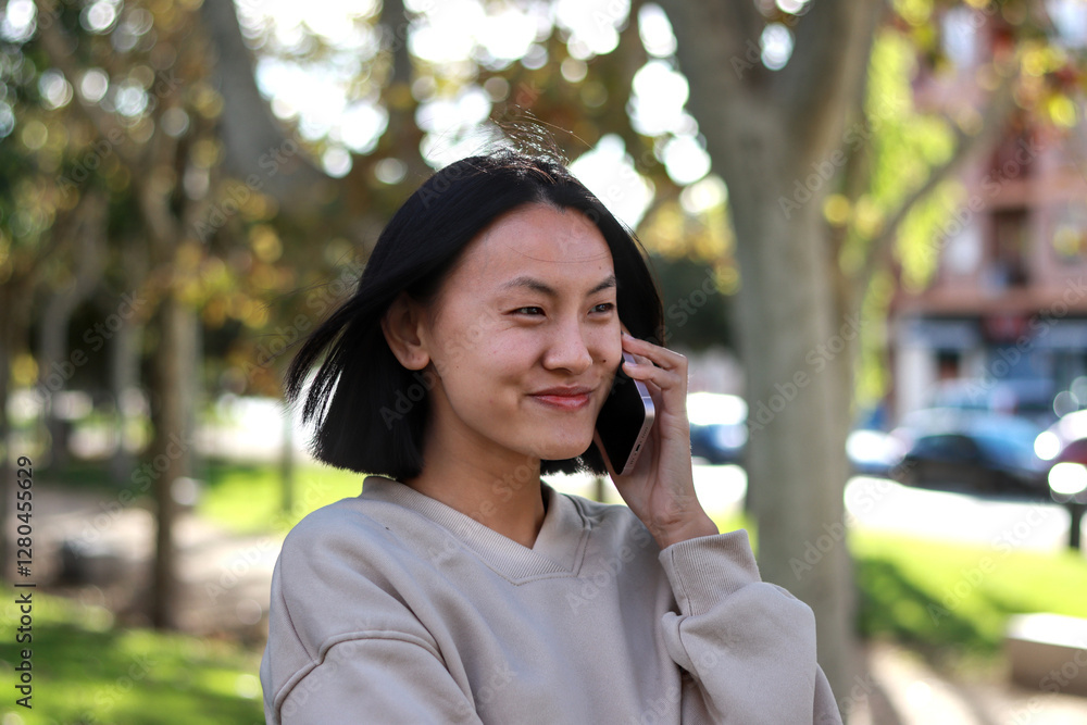 Asian woman smiling while talking on the phone outdoors Asian woman smiling while talking on the phone outdoors