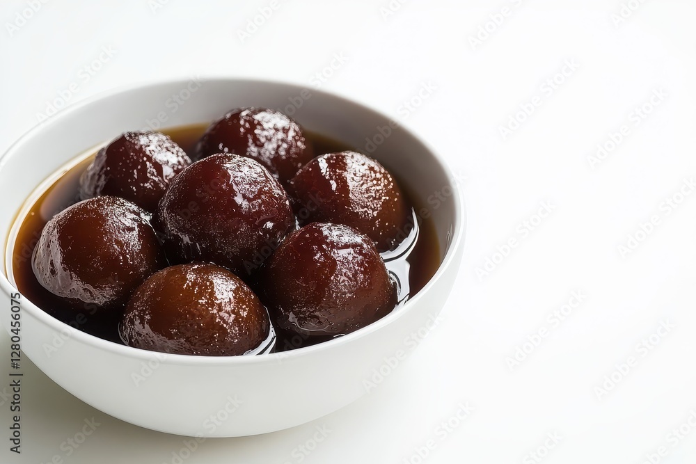 Delicious Sweet Gulab Jamun in Syrup in White Bowl on Light Background Delicious Sweet Gulab Jamun in Syrup in White Bowl on Light Background