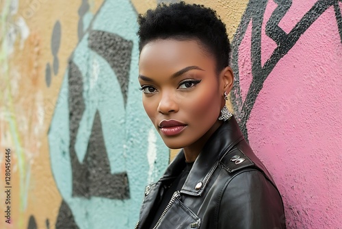 Stylish woman against graffiti wall.  Possible use Fashion editorial or social media photo