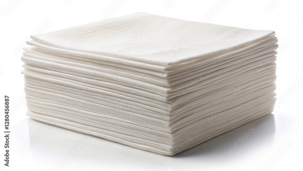 A stack of white paper napkins isolated on a white background, png , commonly used for dining or cleaning purposes.
