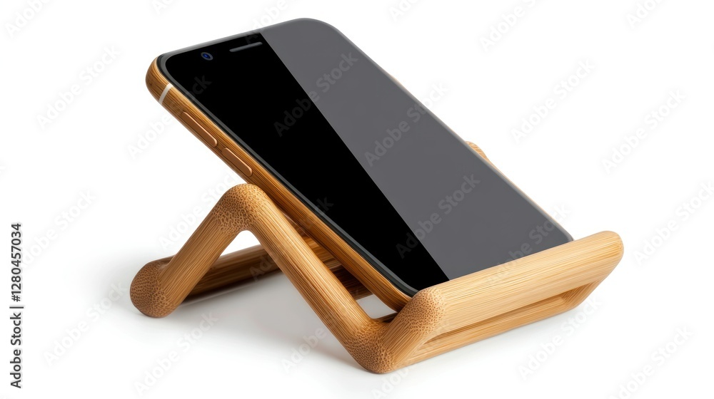 Detailed and sharp bamboo phone stand on a white background, ready for use in presentations, websites, and print materials Detailed and sharp bamboo phone stand on a white background, ready for use in presentations, websites, and print materials