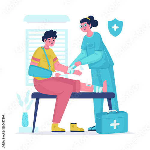 Illustration of nurse giving bandage to an injured patient vector design