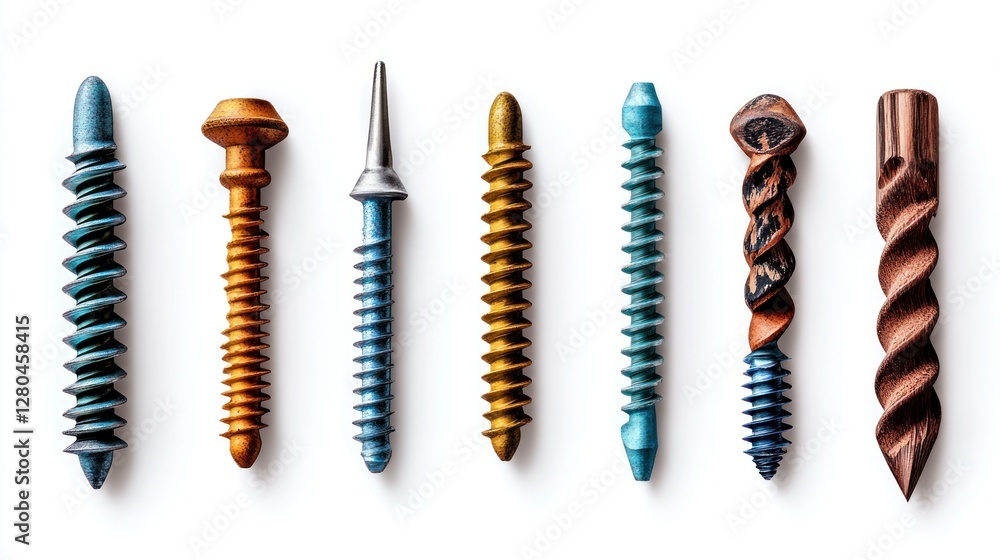 Detailed and sharp set of wood screws on a white background, ready for use in presentations, websites, and print materials Detailed and sharp set of wood screws on a white background, ready for use in presentations, websites, and print materials